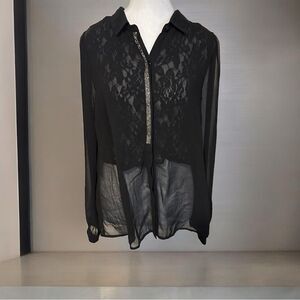 Miss Me Sheer Black Lace‎ Blouse w. Silver Embellishments Size Medium